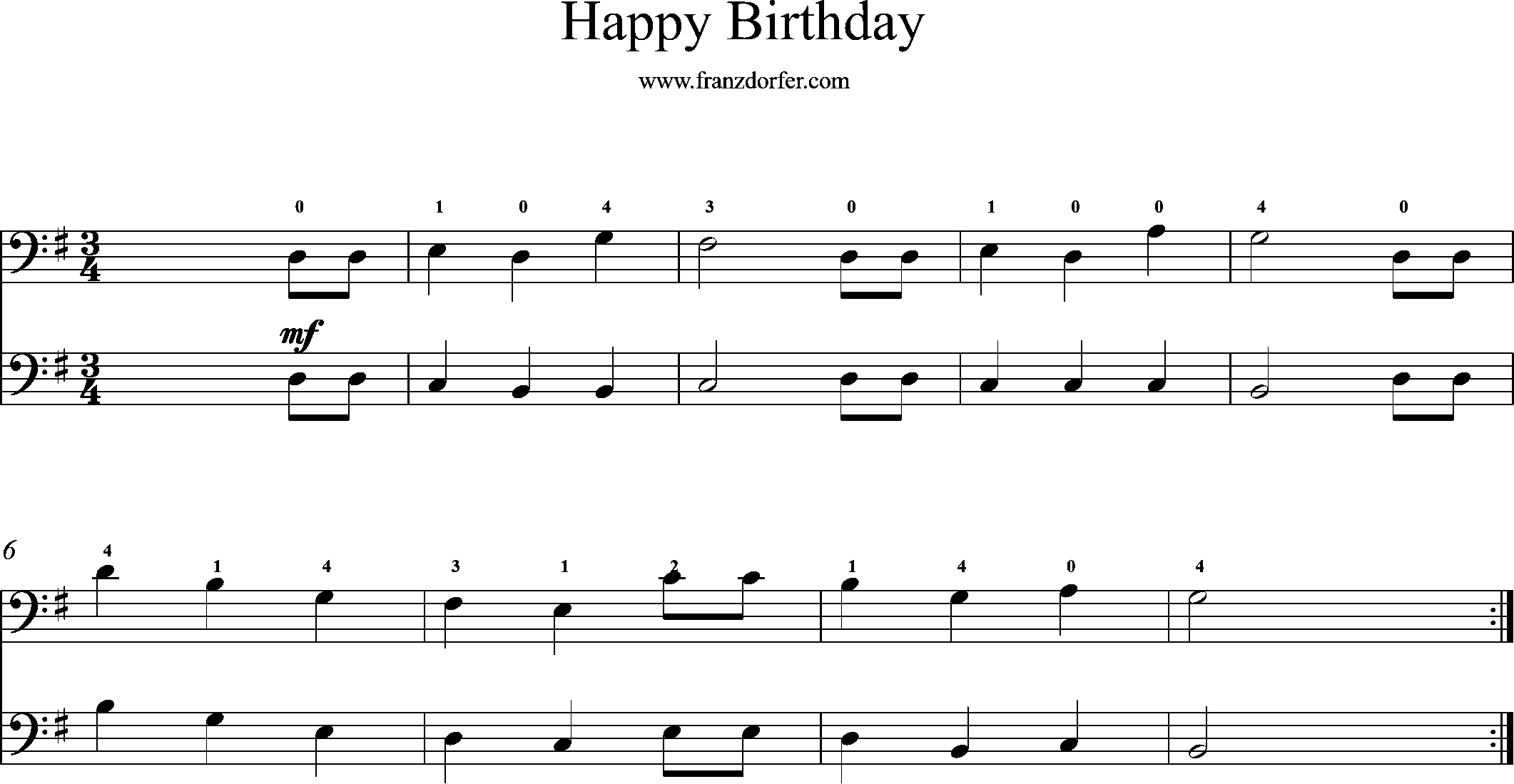 Cello noten -Happy Birthday, G-dur, Duo